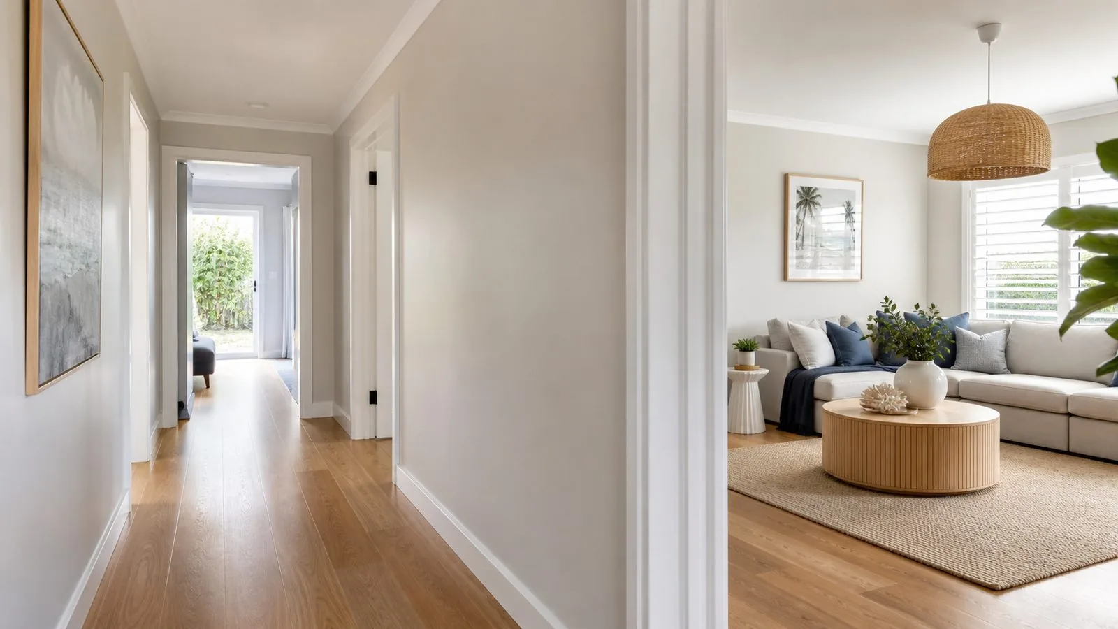 White hallway, door frames and living room beside timber flooring